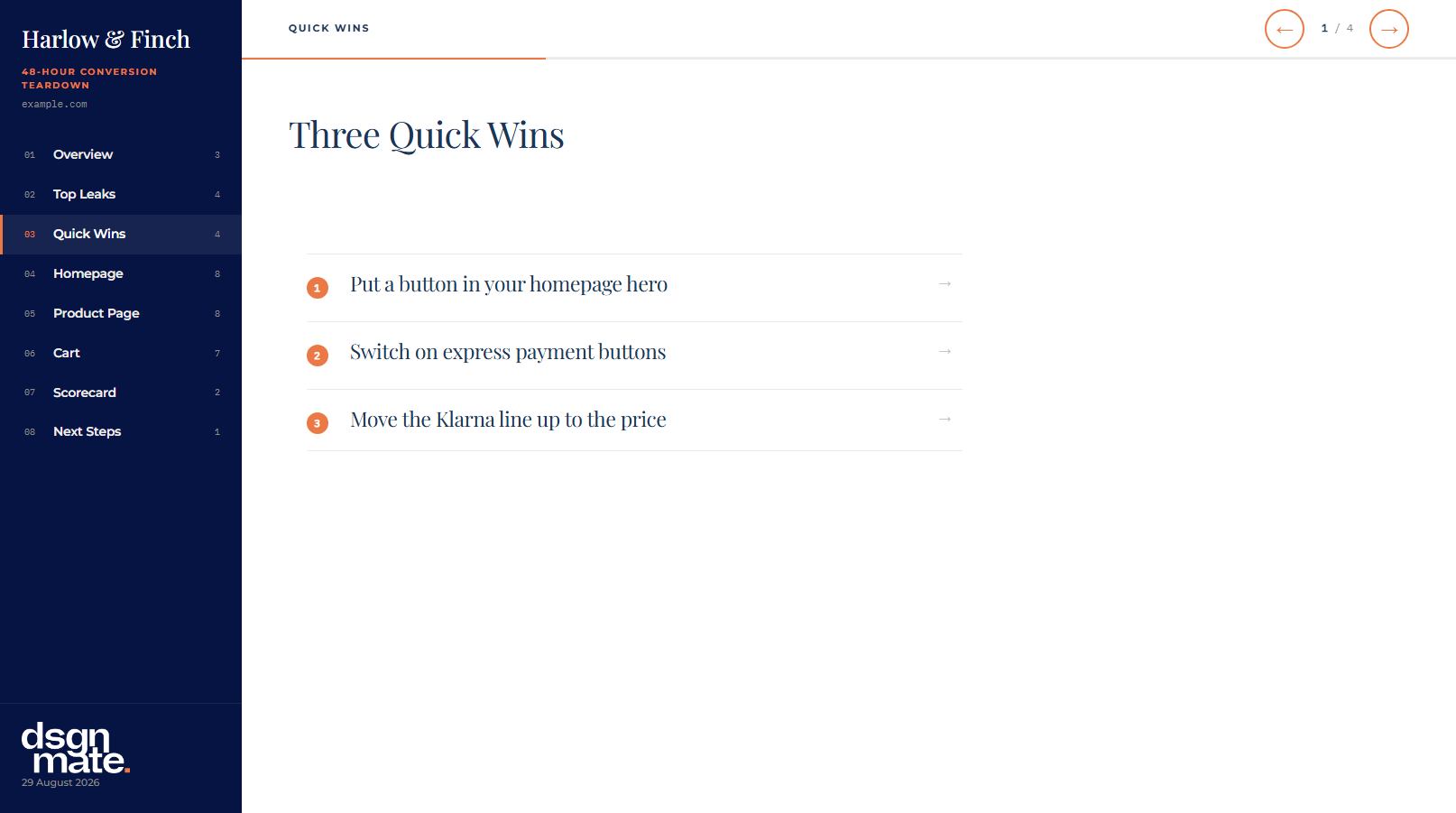 Example page from the teardown report format, using a sample brand, showing the Quick Wins section with three numbered fixes